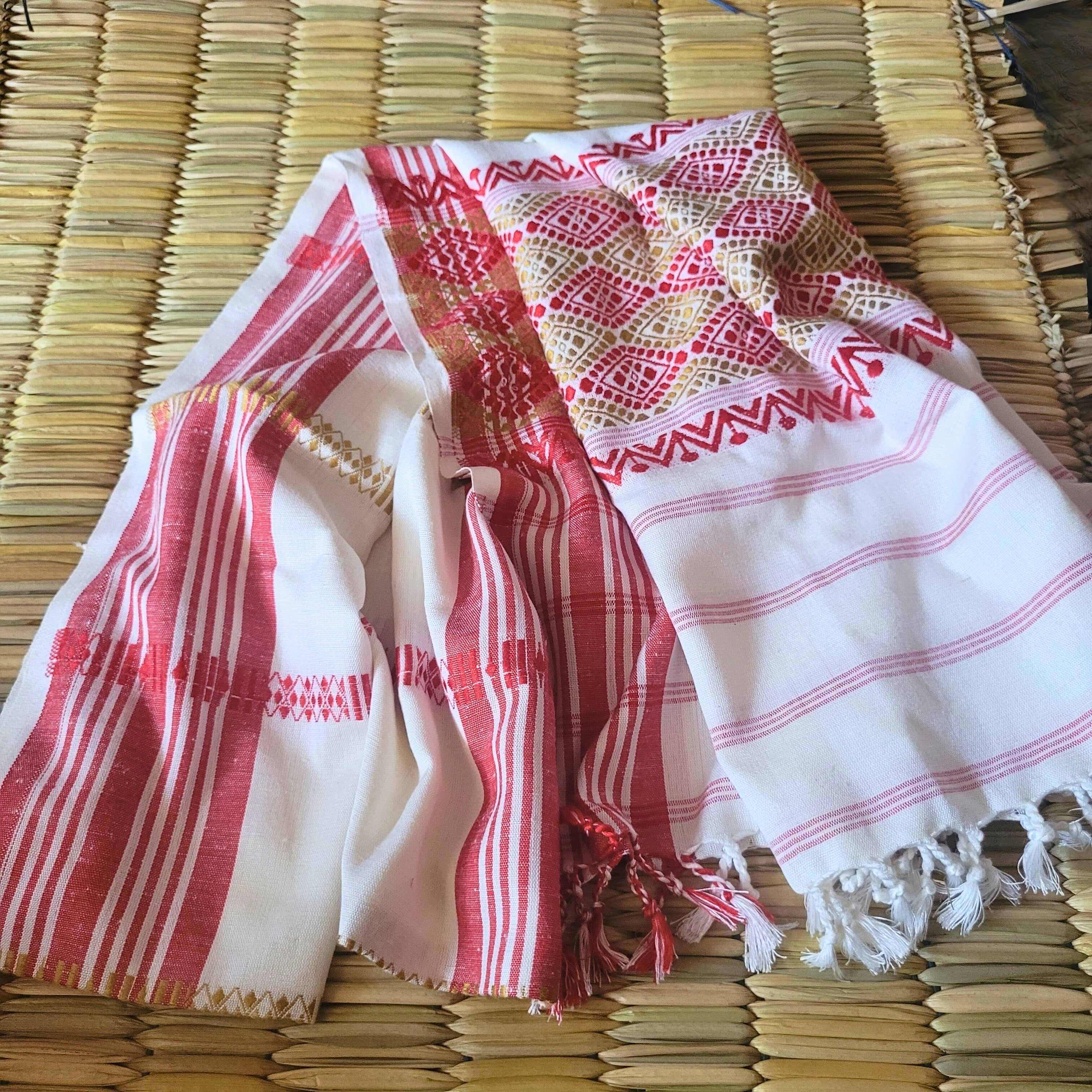 Assamese Eri Gamusa in Red & Natural Gold Motifs | Handwoven Heritage of Assam