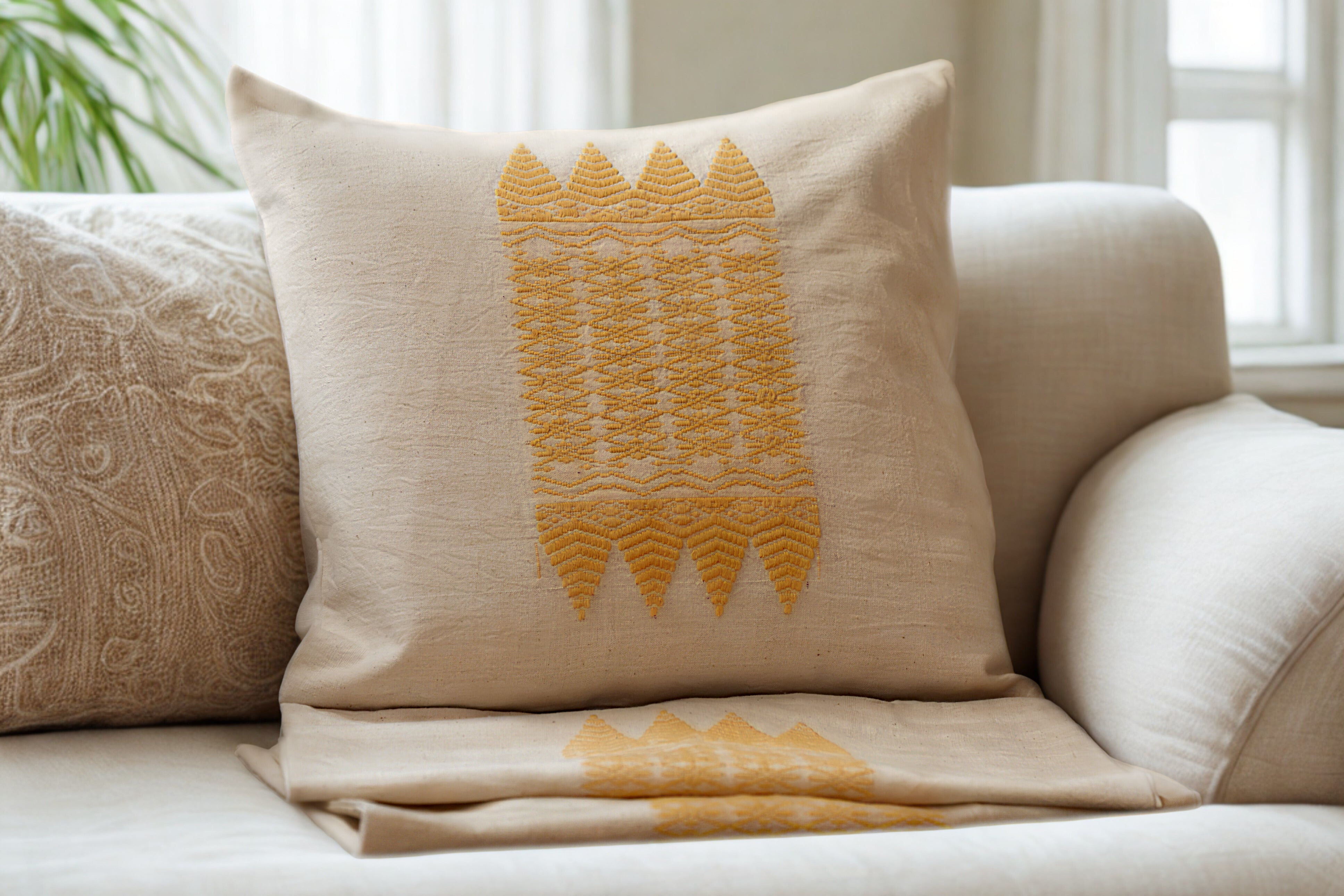 Handwoven Cotton Cushion Cover with Traditional Yellow Motifs