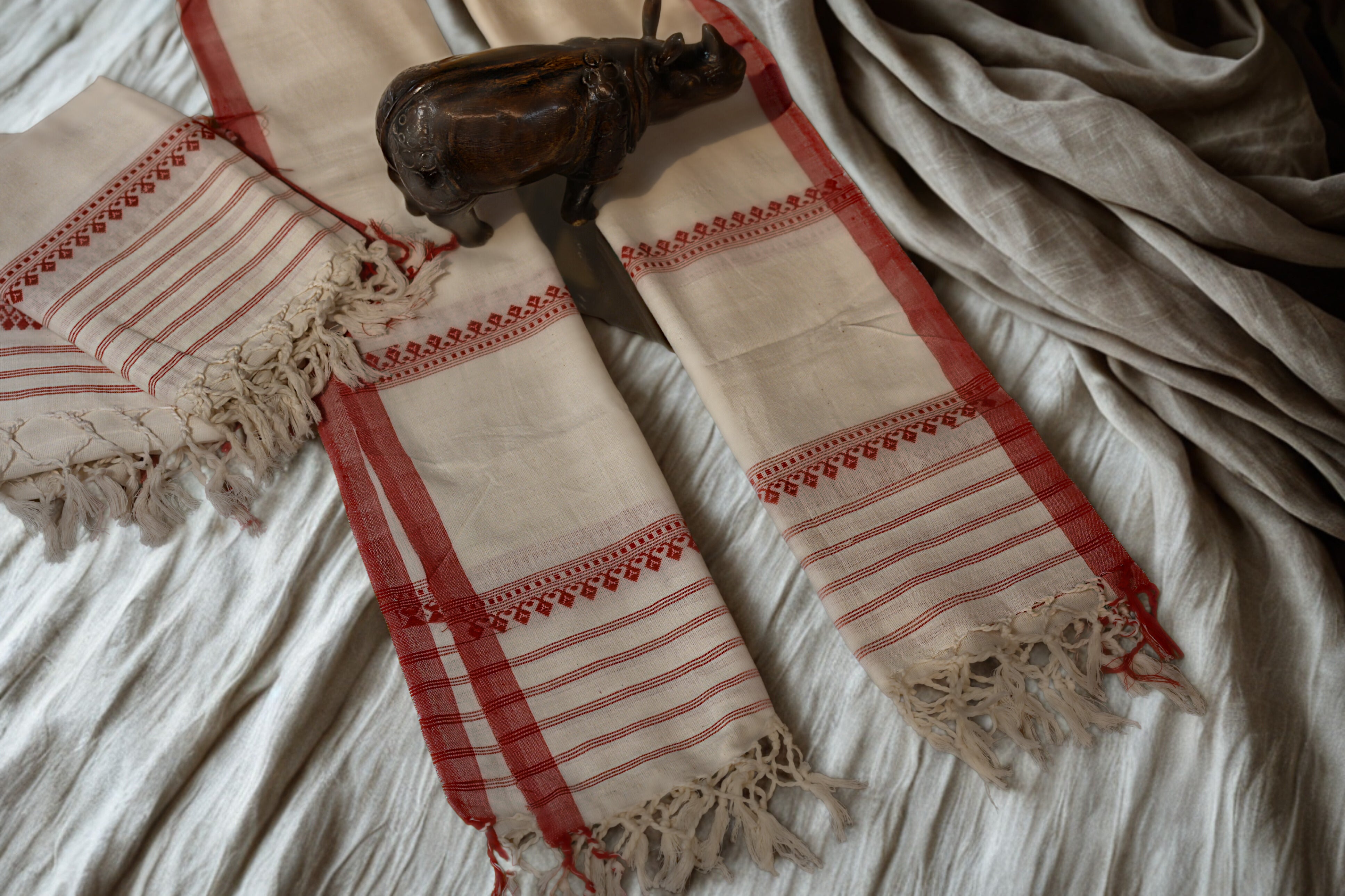 Traditional Handwoven Assamese Gamusa- with contemporary motif and tassels