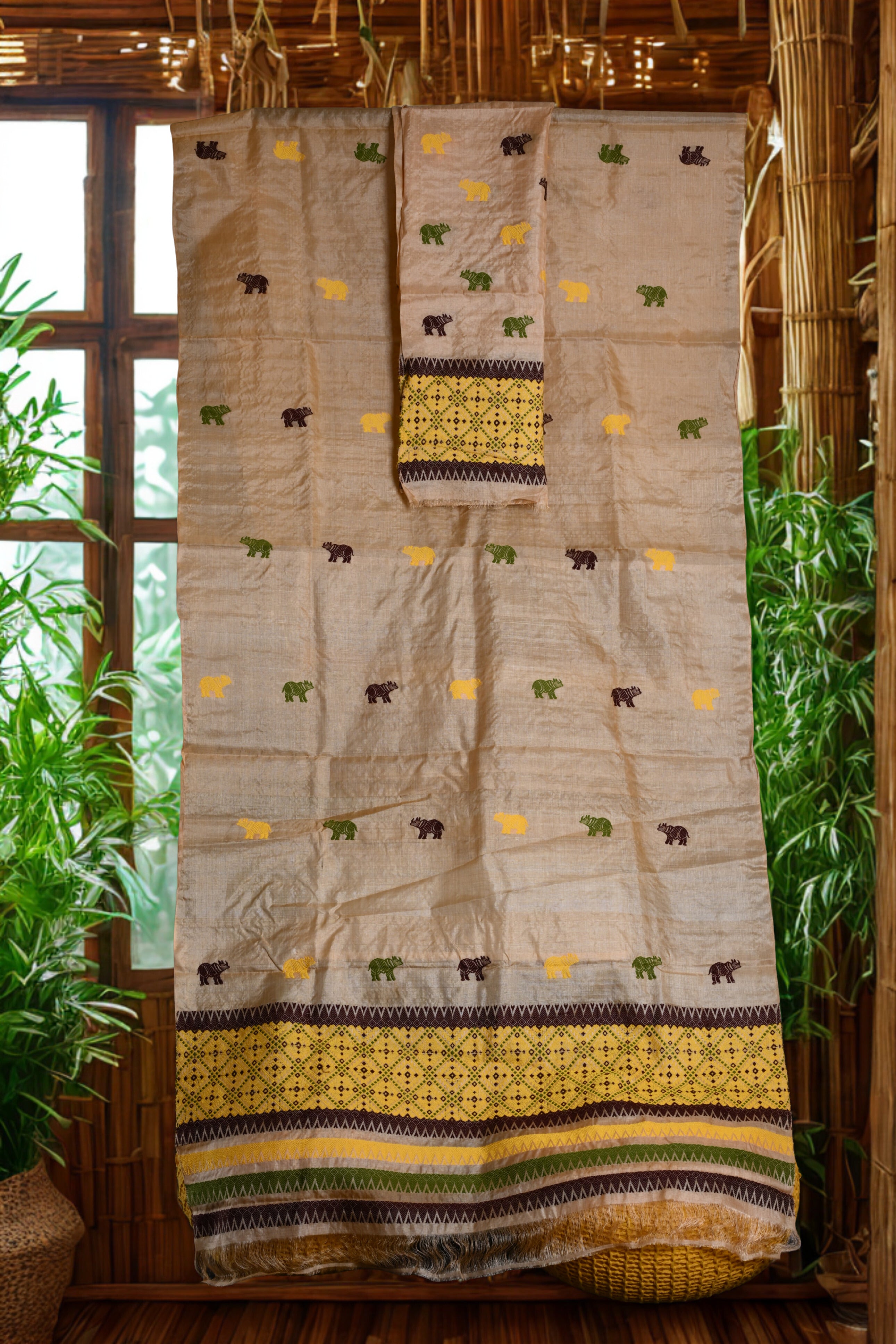 Tussar Mekhela Sador with Handwoven Rhinoceros Motifs