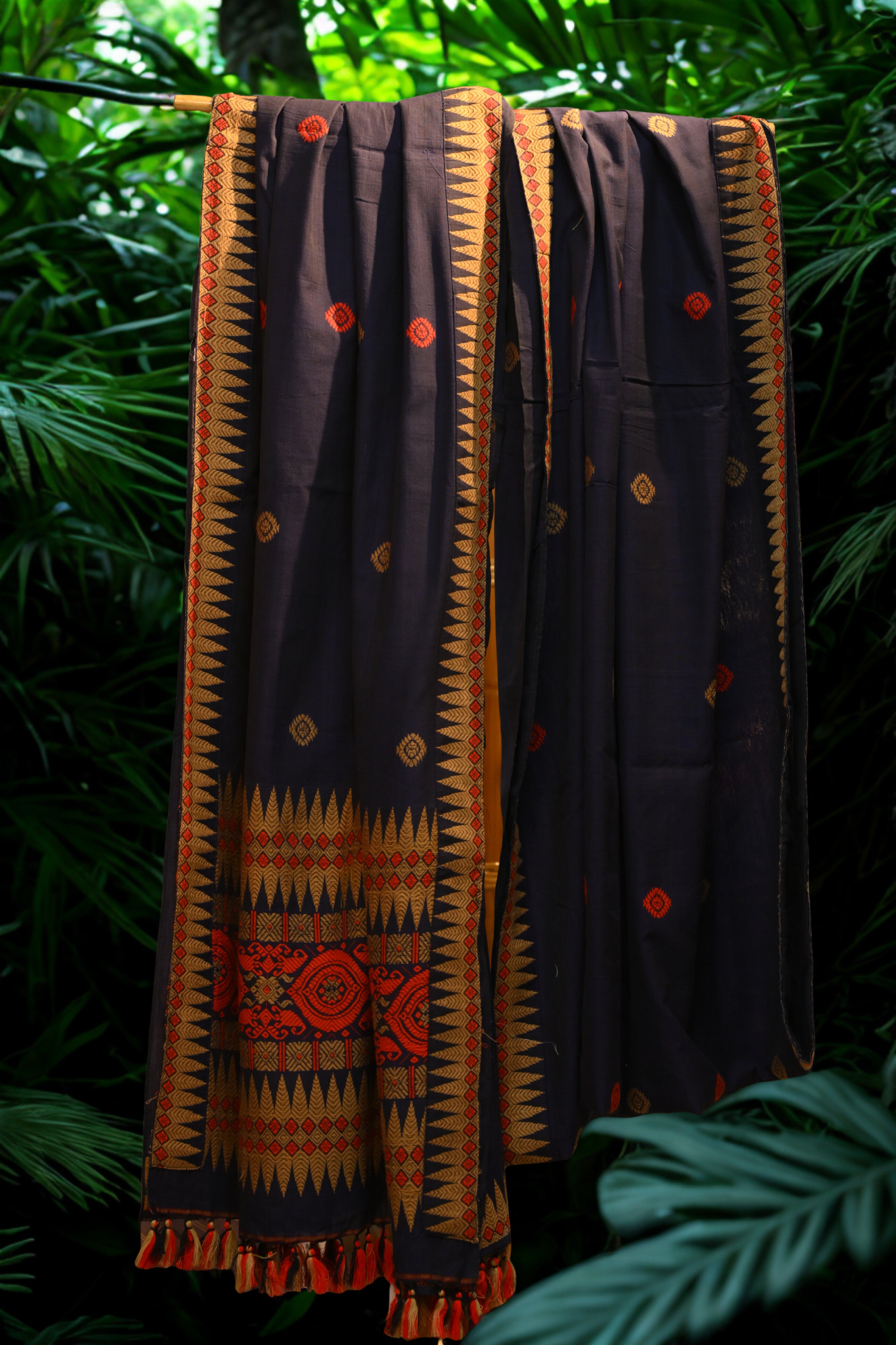 Navy Blue Handwoven Cotton Saree with Orange- Brown Motifs