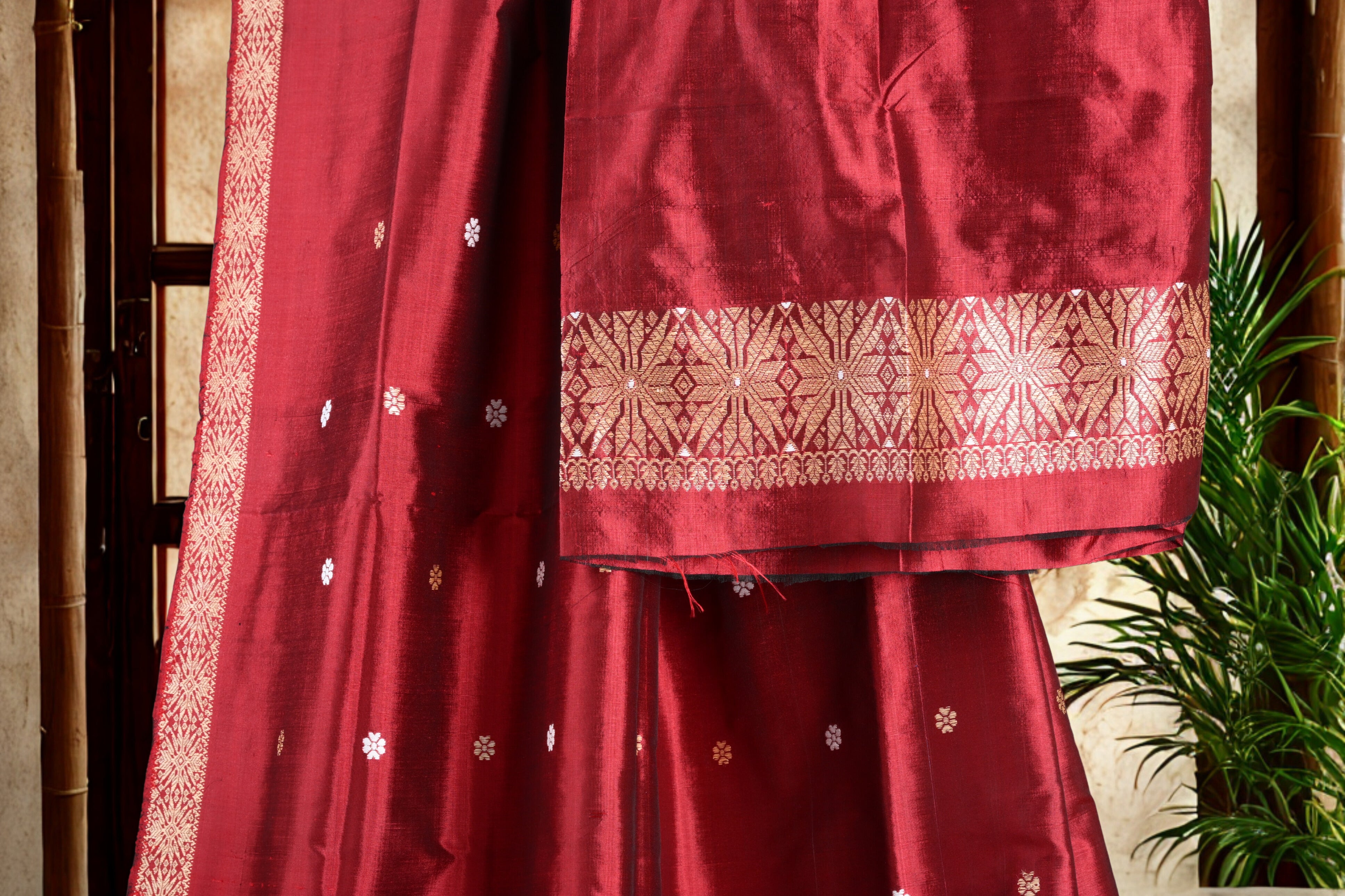Deep Maroon Assamese Pat Silk Saree with Golden Guna work