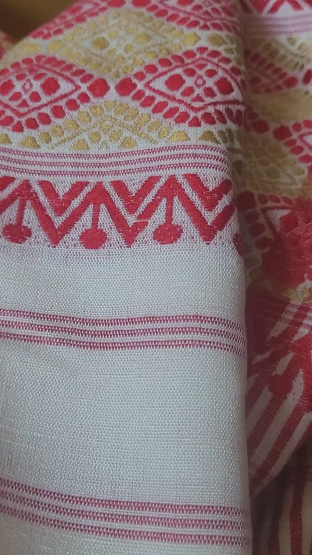 Assamese Eri Gamusa in Red & Natural Gold Motifs | Handwoven Heritage of Assam
